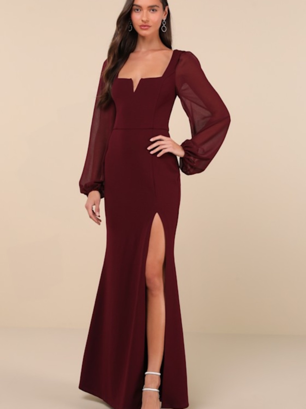 Lulus Composed Elegance Burgundy Balloon Sleeve Mermaid Maxi Dress Red - Size M